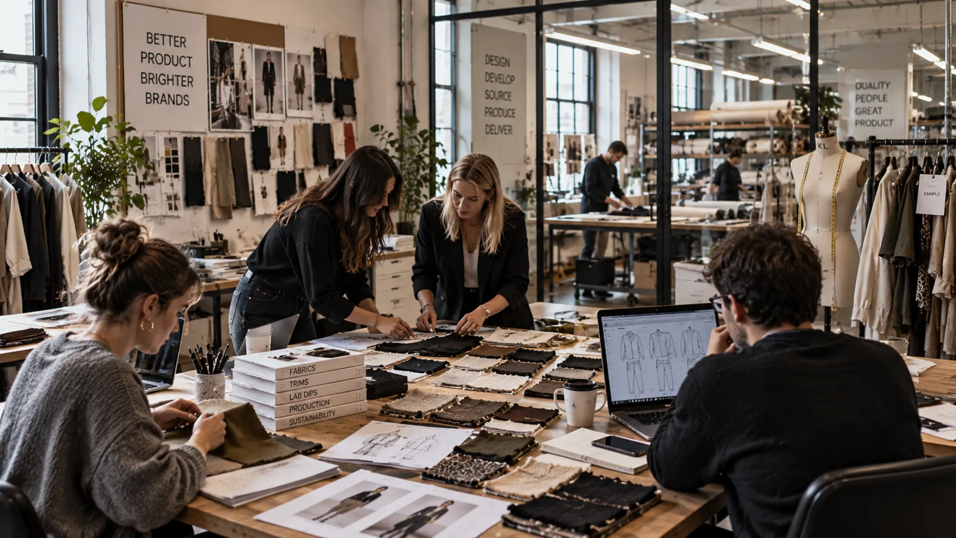 People in office working on laptops and talknign