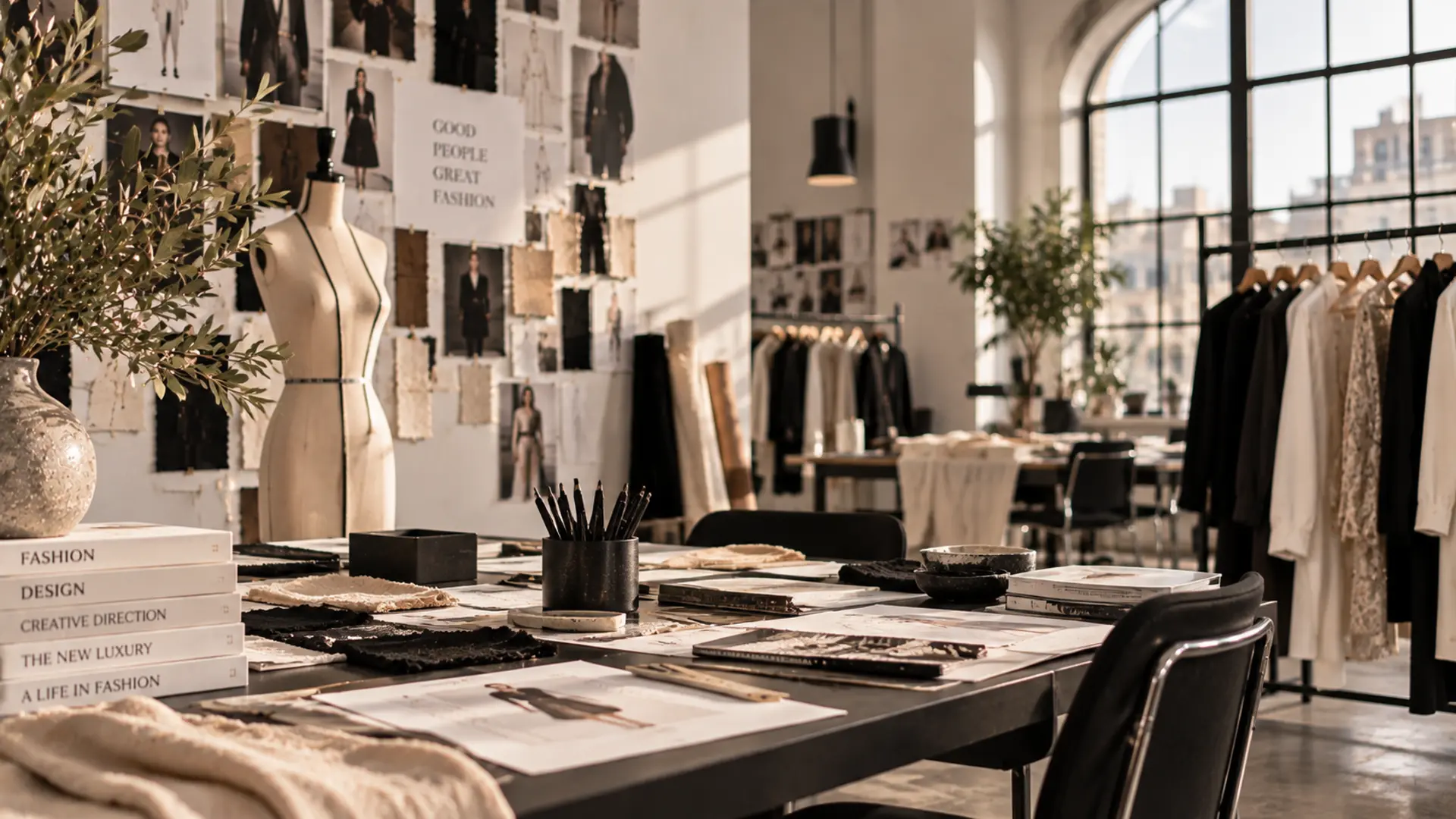 Fashion studio with mannequin and swatches