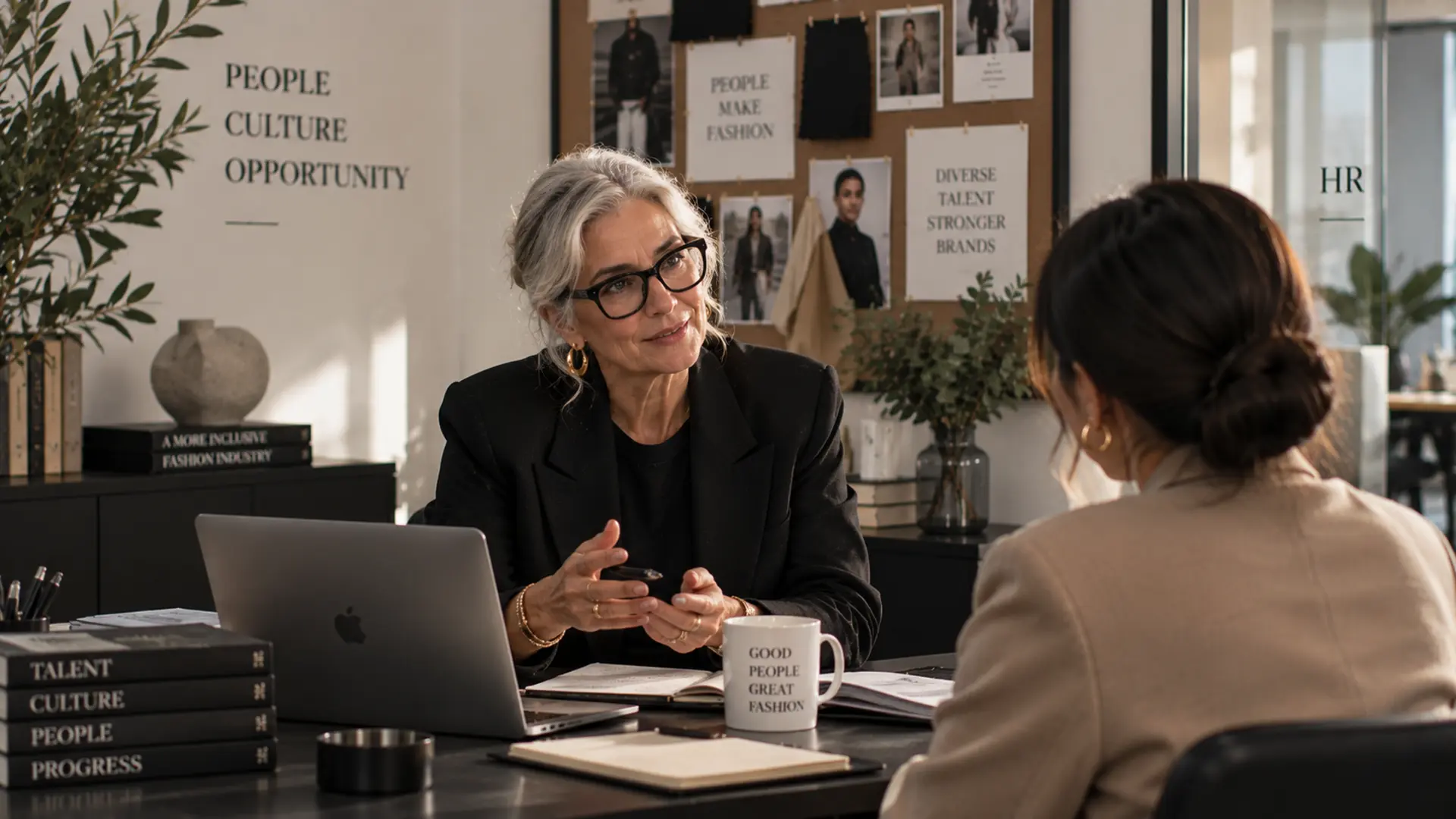 Interview lady grey hair black heavy frame Gucci glasses