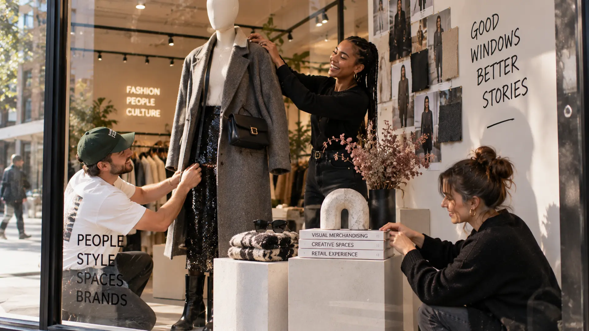 man and woman dressing window visual merchandising