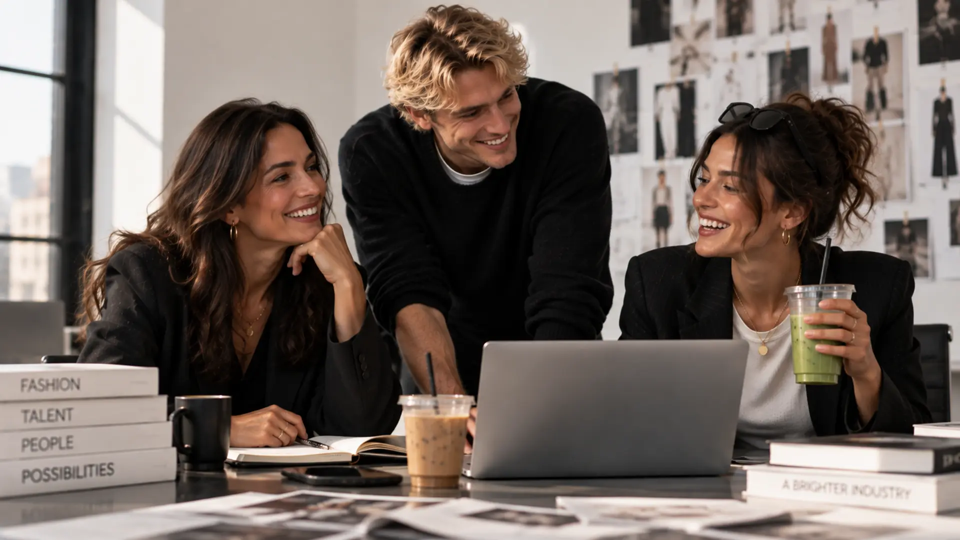older woman, man and girl at laptop in fashion studio