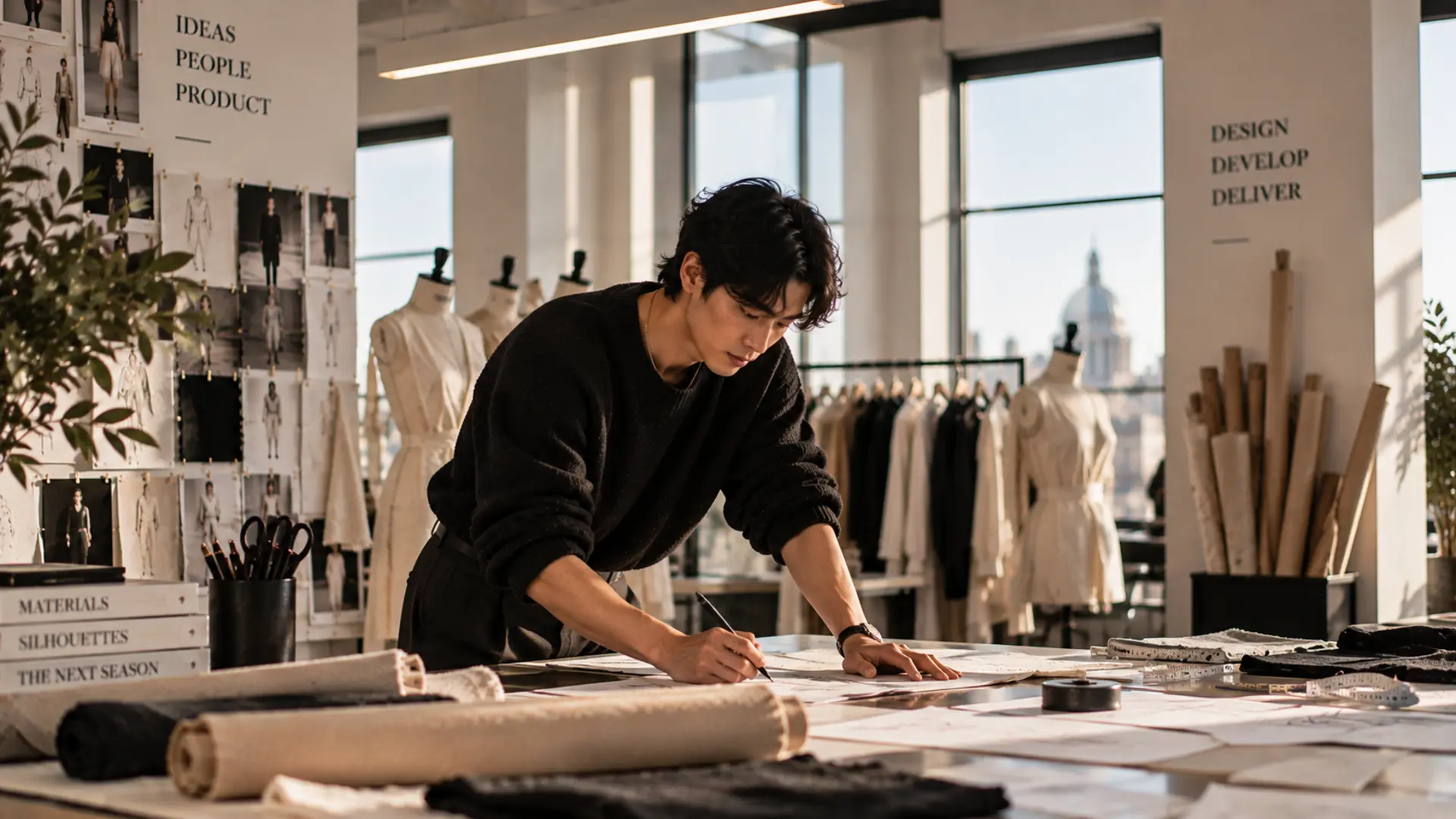 pattern cutter at cutting table fashion studio