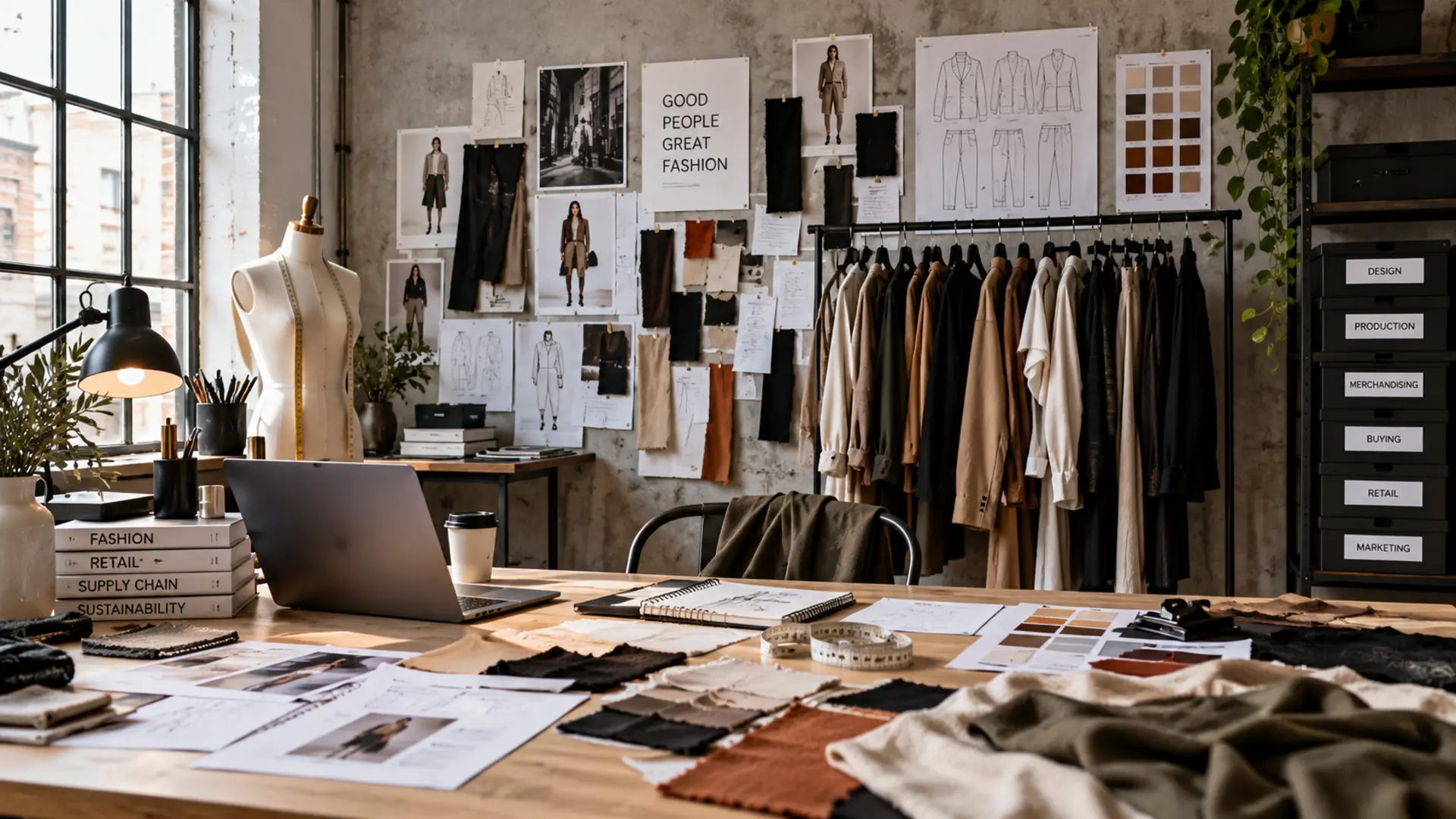 rail of clothes with design pictures on a table